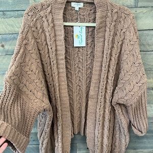 3/4 Folded Sleeve Open Front Cable Knit Sweater Cardigan